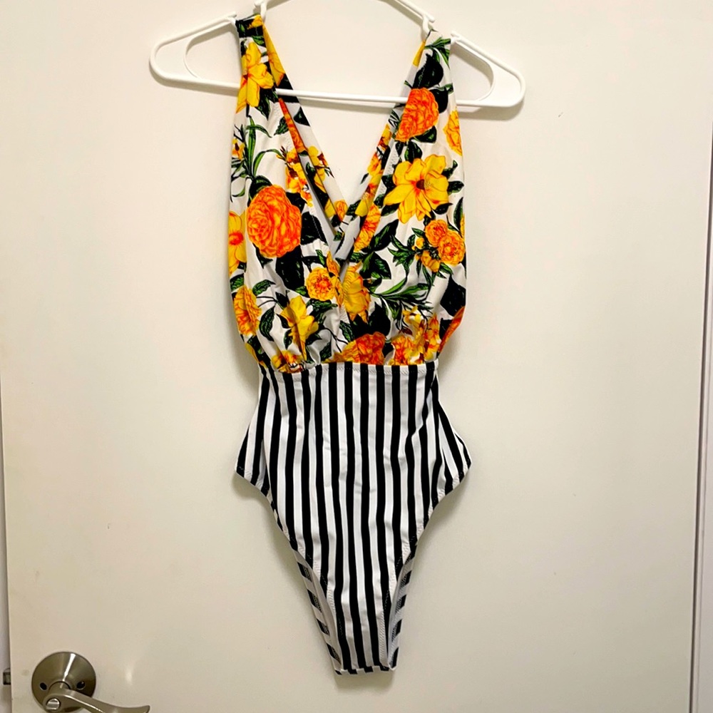 Yellow floral striped one piece swimsuit